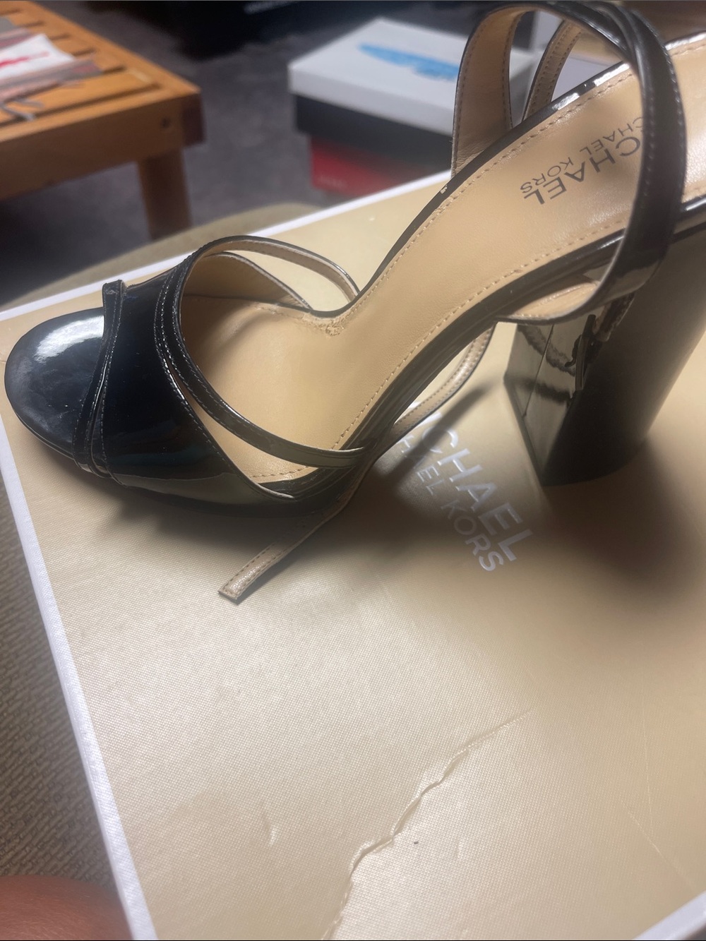 MICHAEL Michael Kors Black Patent Leather Strappy Block Heel Sandals